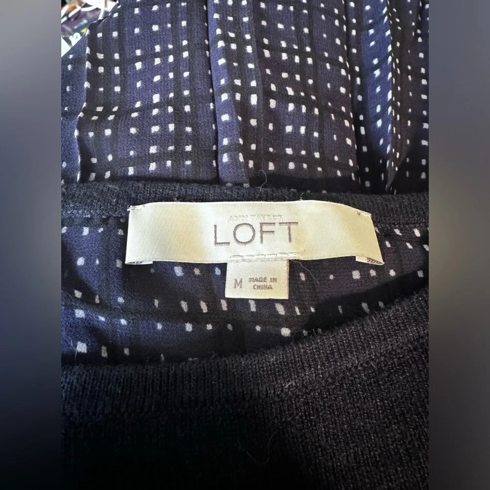LOFT Mixed Media Pleated Chiffon Sweater, Navy blue plaid, size medium - Picture 9 of 13
